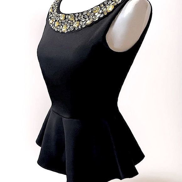 Bisou Bisou Black Peplum Top Jeweled Embellished Neckline / Upper Bodice XS - S - Picture 3 of 4
